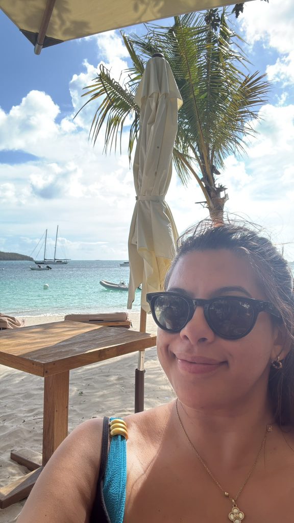 Liv on the beach at Hermitage Bay, Antigua