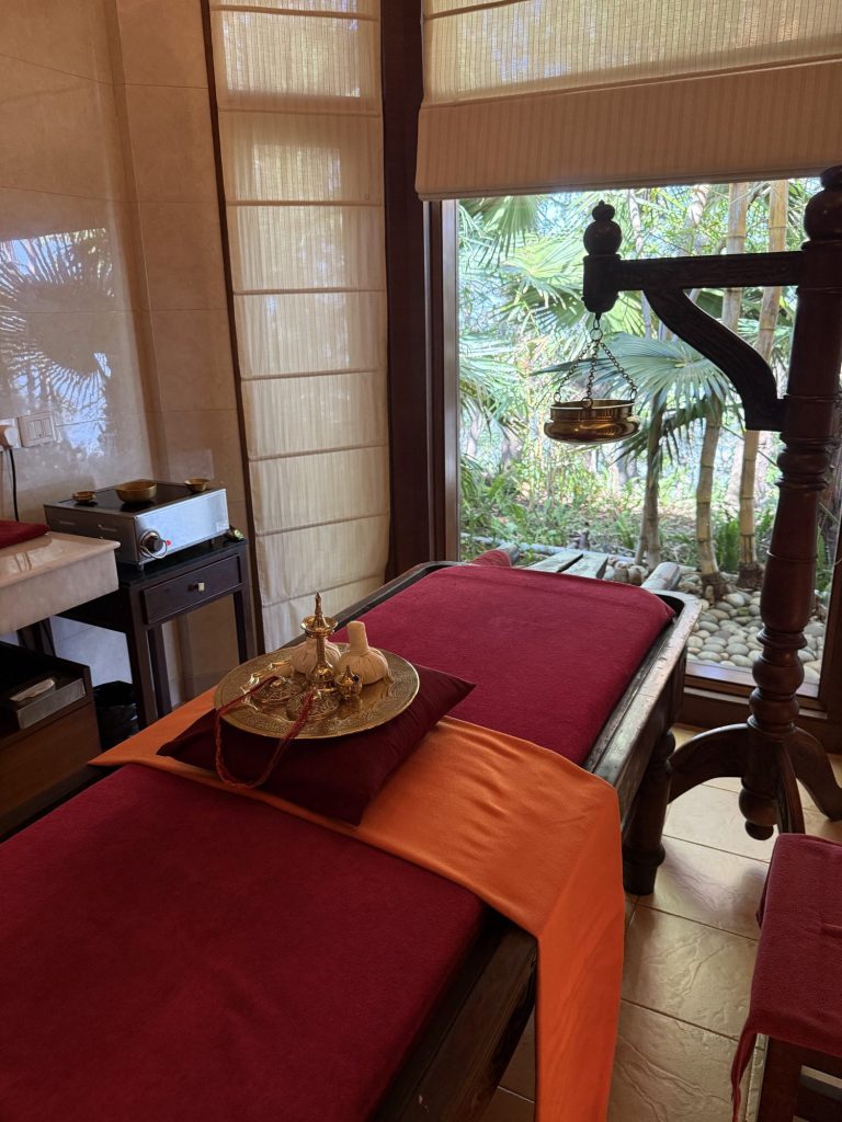 Ayurvedic treatment room with shirodhara stand and herbal poultices at Ananda Spa