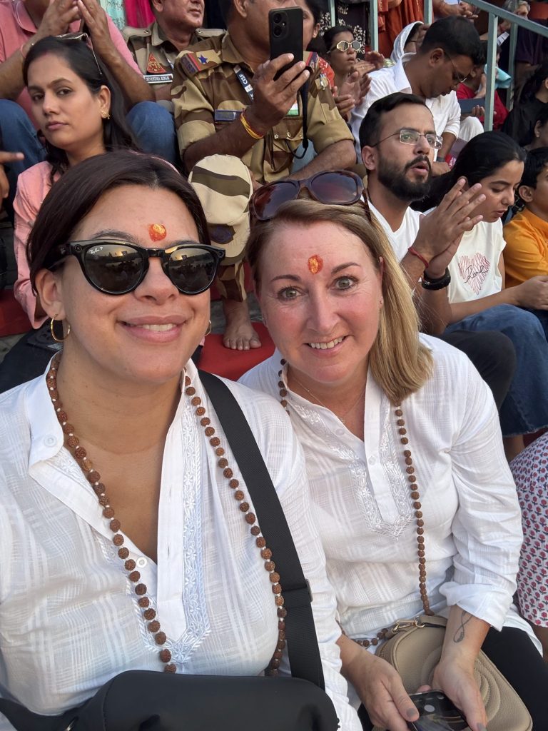 Liv and Justine at the Ganga Aarti ceremony in Rishikesh