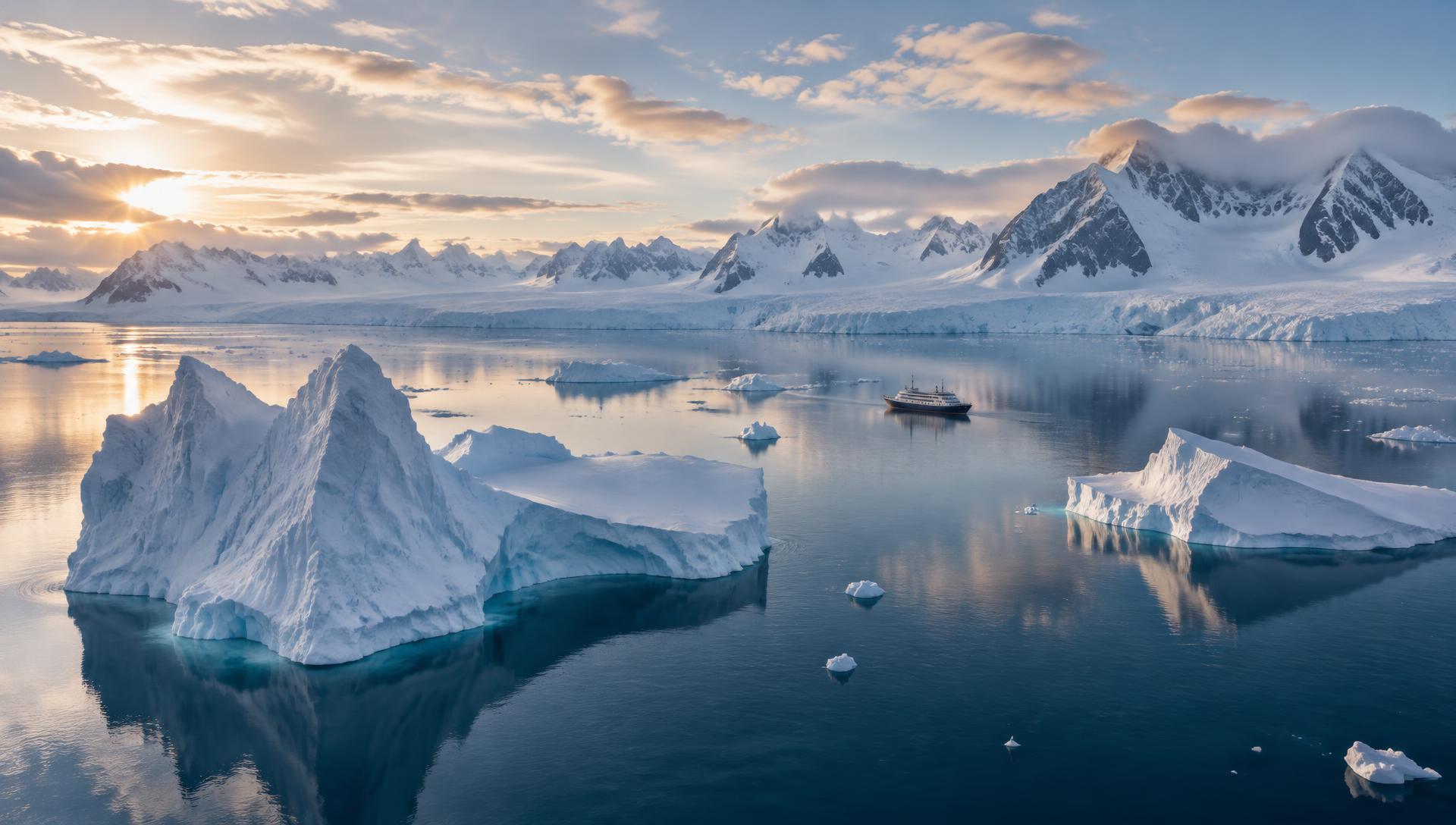 Icebergs floating in still water in Antarctica